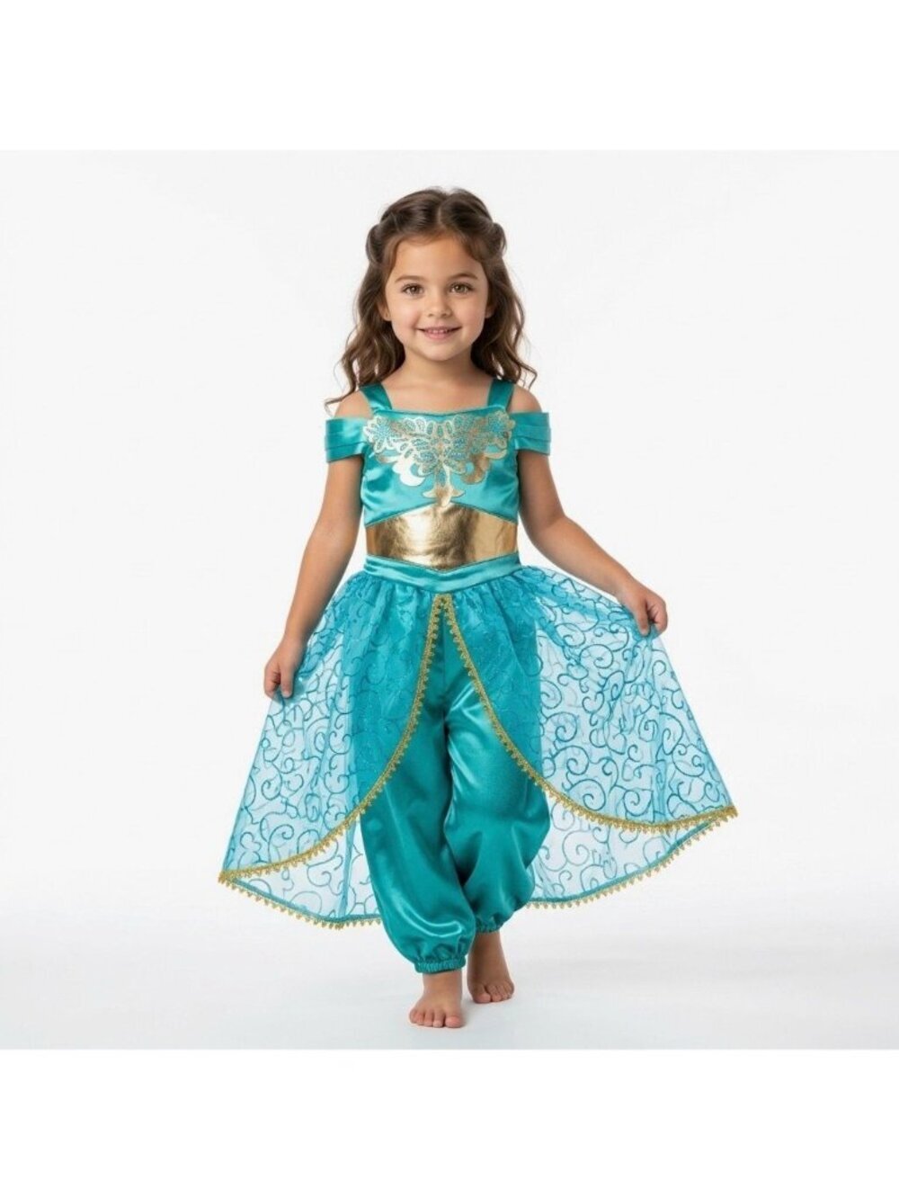 Girls Jasmine Princess Costume Outfit Teal Gold Satin Sheer Birthday Party